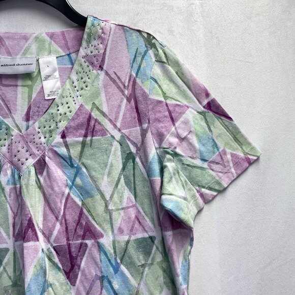 Alfred Dunner Studded VNeck Semi Sheer Short Sleeve Shirt Women Large Multicolor - Picture 13 of 13